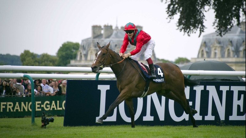 French jockey Martin Guyon rides Golden Lilac at the finish line to win the Prix de Diane in 2011