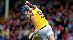 Diarmuid Lyng celebrates scoring Wexford hurlers' first goal against Cork