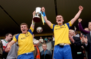 Roscommon's joint minor captains Kevin Finn and Enda Smith lift the Connacht trophy