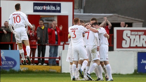 Shelbourne's players celebrate their equaliser at Tolka Park