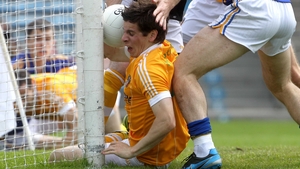 Antrim's Kevin O'Boyle stops the ball from crossing the line