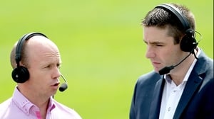 Former Tyrone and Kerry stars Peter Canavan (l) and Darragh Ó Sé perform media duties before throw-in