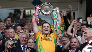 Donegal's captain Michael Murphy lifts the Anglo-Celt Cup