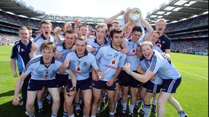 Dublin players celebrate with the cup after their 3-17 to 1-11 win in the minor game at Croke Park