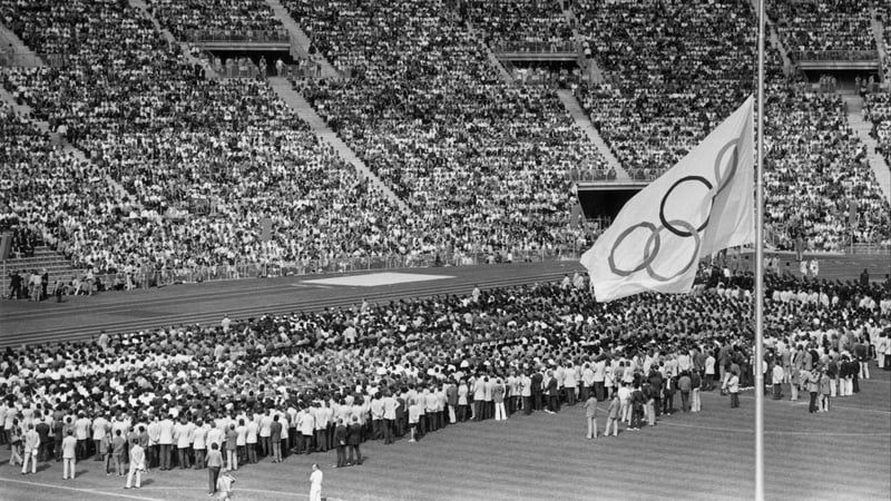 The Olympic flag flying at half-mast in the Olympic Stadium in Munich during the memorial service for the Israeli athletes who were killed