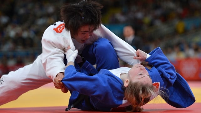 Ireland's Lisa Kearney in her Judo match with Shugen Wu of China