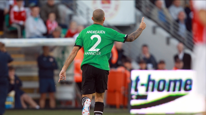 Leon Andreasen celebrates his goal in Tallaght