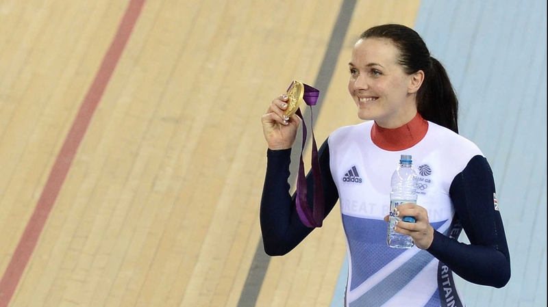 Victoria Pendleton celebrates with her gold medal