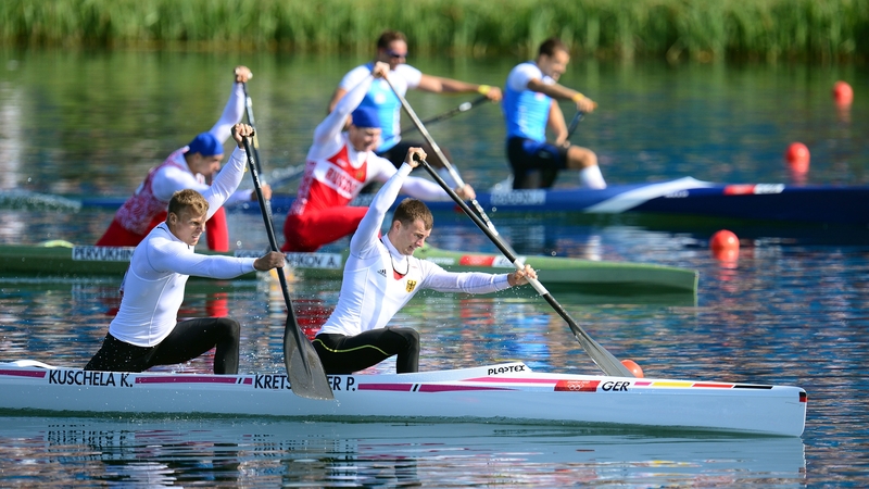 Kurt Kuschela (left) and Peter Kretschmer of Germany in action in the men's canoe double 1,000m final