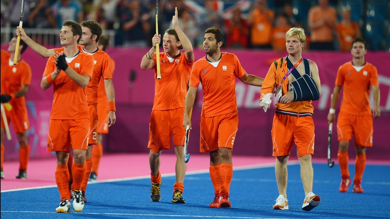 The Netherlands celebrate their passage to the hockey final