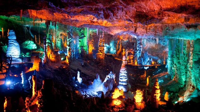 A view of the Sorek stalactites cave in Israel as it is illuminated with a new lighting system