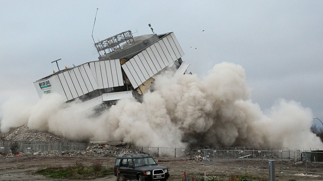 The Radio Network House building is demolished by controlled explosions in Christchurch, New Zealand