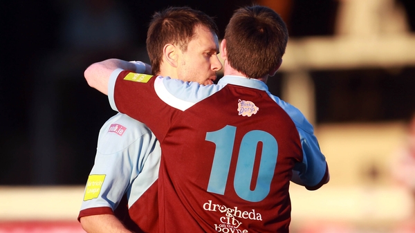 Drogheda celebrate the winning goal in Hunky Dorys Park as Declan O'Brien's successful spot-kick was enough for three points