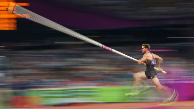 Action from the men's pole vault, with Bjorn Otto competing