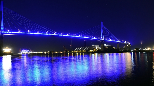 The Koehlbrandbruecke during the 'Hamburg Blue Port' light installation