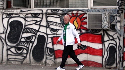 Giovanni Trapattoni makes his way to the dressing room prior to training at the Red Star Stadium in Belgrade