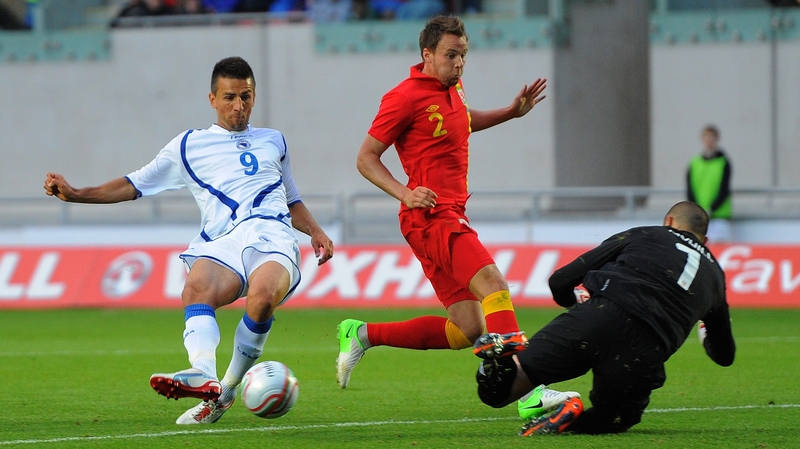 Vedad Ibisevic scores for Bosnia-Herzegovina at Parc Y Scarlets in Llanelli