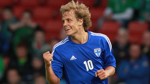 Teemu Pukki of Finland celebrates following a mix-up by the home defence at Windsor Park