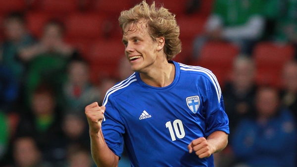 Teemu Pukki of Finland celebrates following a mix-up by the home defence at Windsor Park