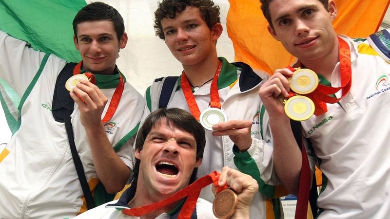 Ireland's Paralympic medallists in Beijing 2008. Michael McKillop (Gold - Athletics), Darragh McDonald (Silver_ Swimming), Jason Smyth (2 Gold - Athletics), Gabriel Shelly (Bronze - Boccia)