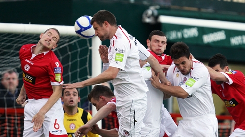 Sligo Rovers' Jason McGuinness heads home the opener