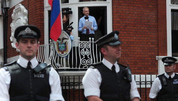 Julian Assange addressed the media from the balcony of the Ecuadorian Embassy
