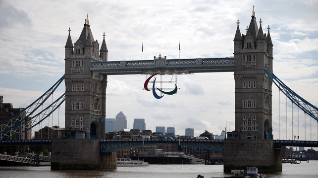 The Agitos symbol of the Parlaympics is suspended from London's Tower Bridge