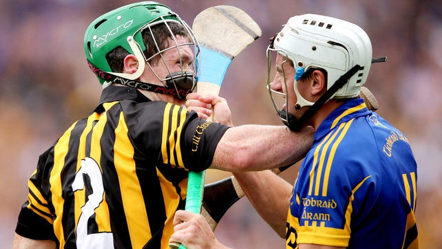 Kilkenny's Paul Murphy and Tipperary's Patrick Maher clash during the All-Ireland semi-final at Croke Park