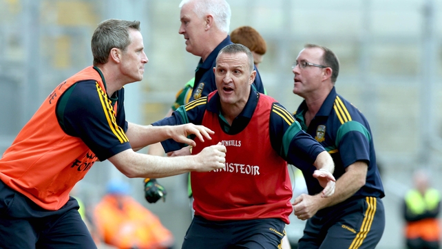 Meath minor manager Andy McEntee (red bib) celebrates his side's late winning goal