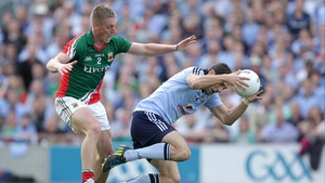 Dublin's Bernard Brogan (r) was watched closely all day by Kevin Keane of Mayo