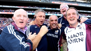 Galway manager Anthony Cunningham celebrates with his backroom staff after the win over the Rebels