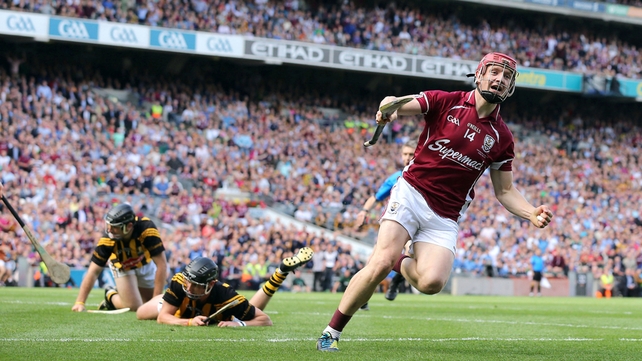 The Portumna clubman celebrated after hitting the net