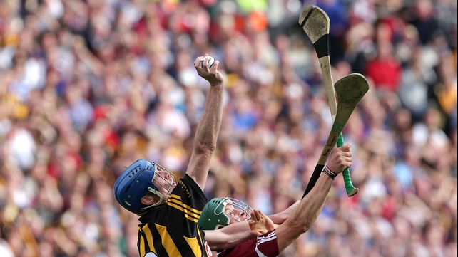 Galway's Niall Burke competes with Brian Hogan of Kilkenny for a high ball