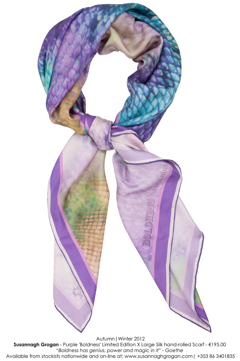 'Purple Boldness' limited edition, large, silk, hand-rolled scarf, €195. Stockists nationwide, (c) Proshots