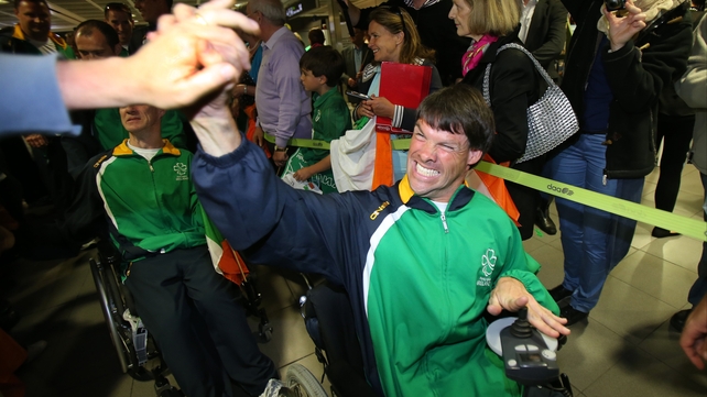 Gabriel Shelly, one of Ireland's most experienced paralympians, is warmly welcomed home.