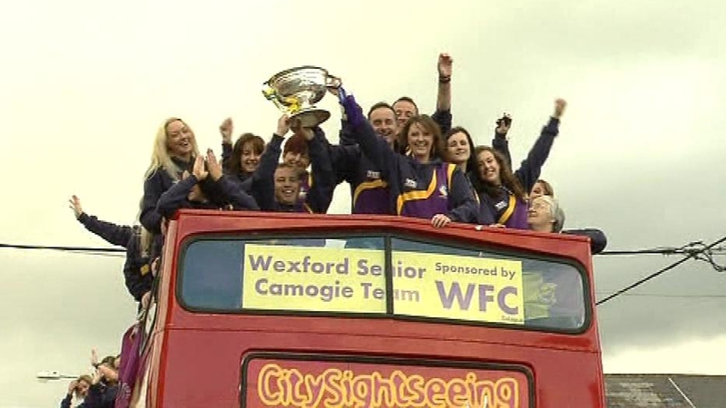 The victorious Wexford camogie team hold the O'Duffy Cup aloft in Gorey