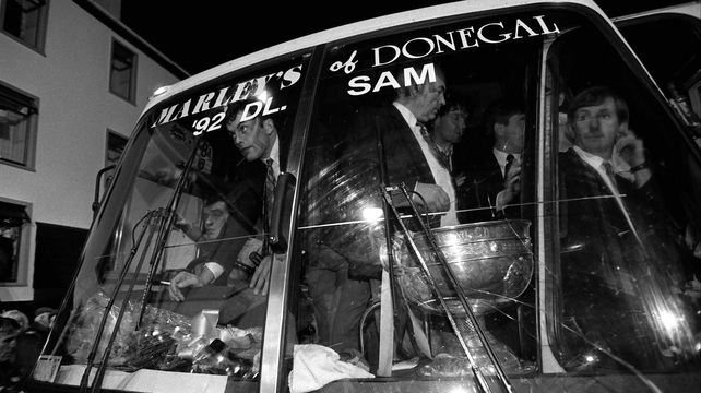 The coach carrying the Donegal team and the Sam Maguire arrives in Donegal town