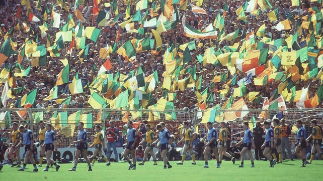 The starting XVs of Dublin and Donegal parade past the Canal End at Croke Park