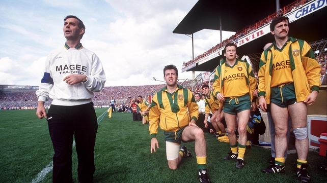 Donegal manager Brian McEniff and the rest of the bench wait anticipate the final whistle