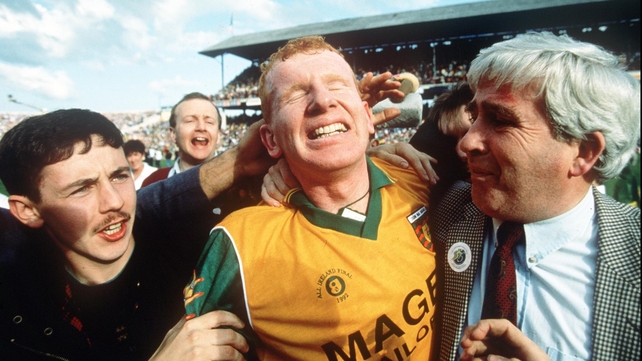 Corner-forward Declan Bonner celebrates with fans after Donegal's 0-18 to 0-14 victory