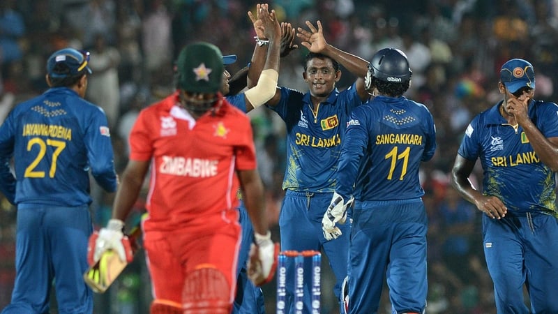 Sri Lanka's Ajantha Mendis (centre) ensured Zimbabwe's Prosper Utseya did anything but in Hambantota, dismissing him for just a single run
