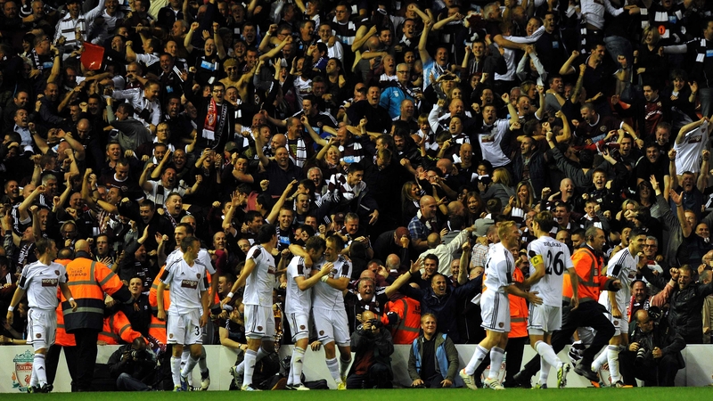 Hearts fans celebrate David Templeton's strike at Anfield