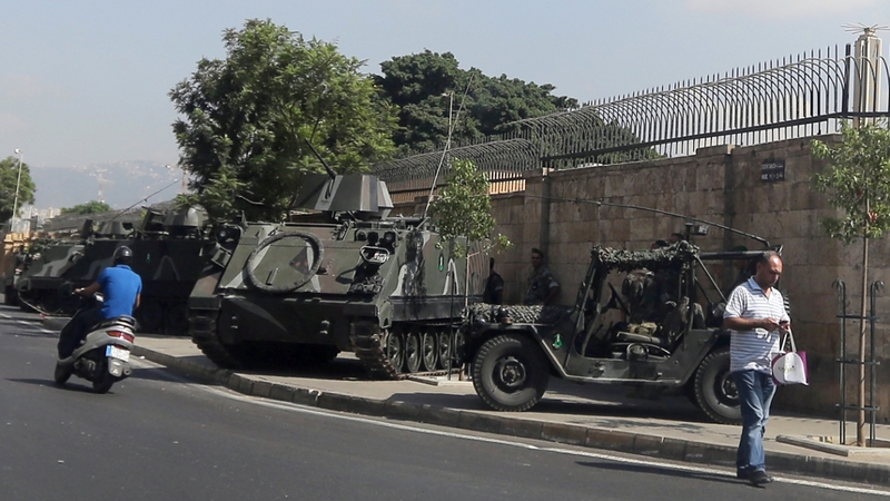 Lebanese soldiers secure the area around the French ambassador's residence in Beiruit