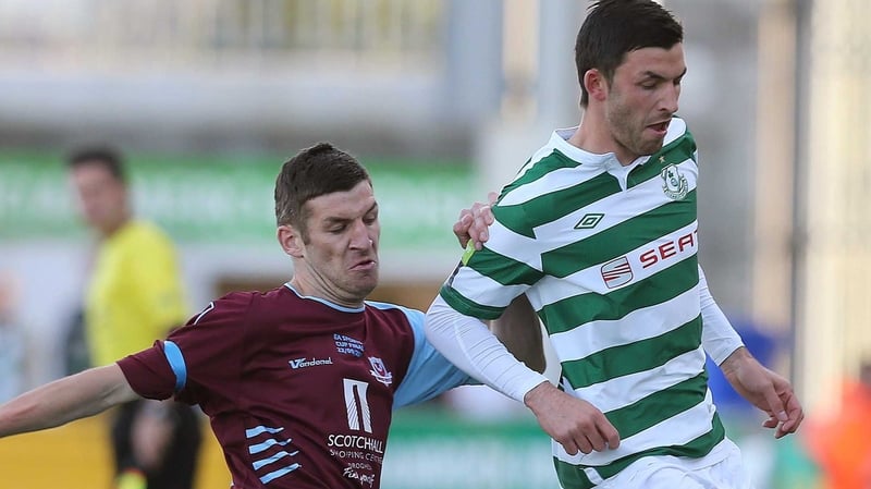 Rovers' Killian Brennan and brother Gavin Brennan of Drogheda United contest the ball