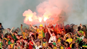 Donegal supporters on Hill 16 celebrate after their 2-11 to 0-13 victory