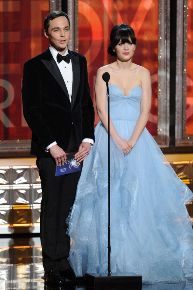Zooey Deschanel and Jim Parsons presented at the Emmys in 2012 and Zoey wore a sky blue Reem Acra dress.