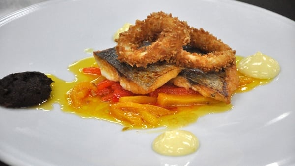 Pan-fried sea bream with deep fried calamari,