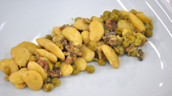 Glazed Pork Steak with Butter Beans, Peas & Bacon