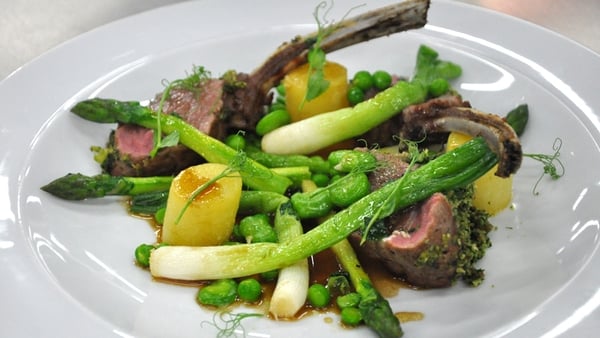 Herb crusted rack of lamb with seasonal vegetables