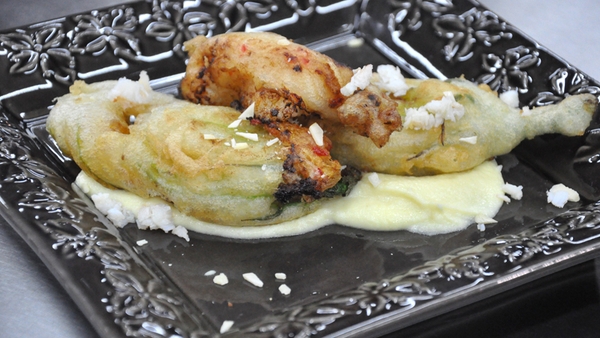 Seafood Stuffed Courgette Flowers on a Cauliflower